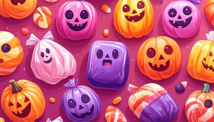 Colorful Halloween candies and pumpkins in playful spooky scene