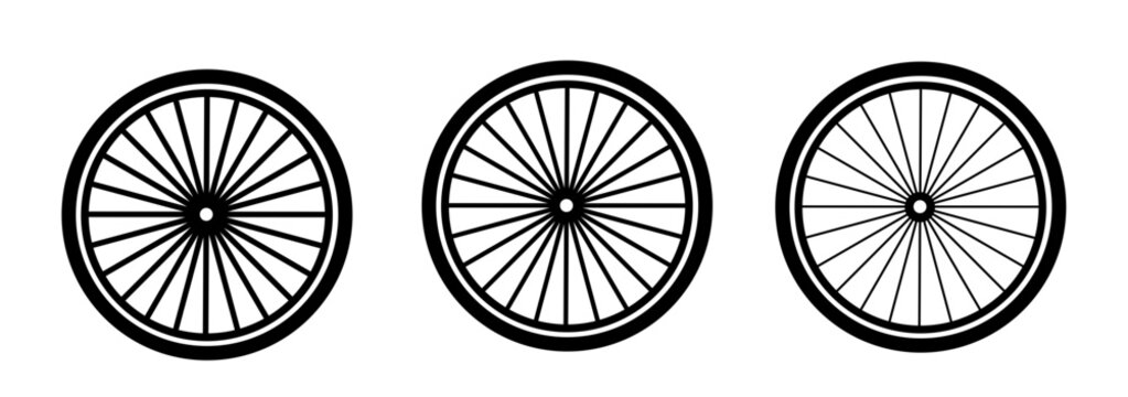 Minimalist vector illustration set of three bicycle wheels with different spoke thicknesses. Set of wheels