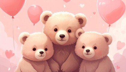 Adorable teddy bears with heart balloons in sweet embrace
