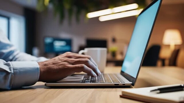 Closeup Of Hands Typing On Laptop Keyboard In Modern Office Workspace With Technology And Focus