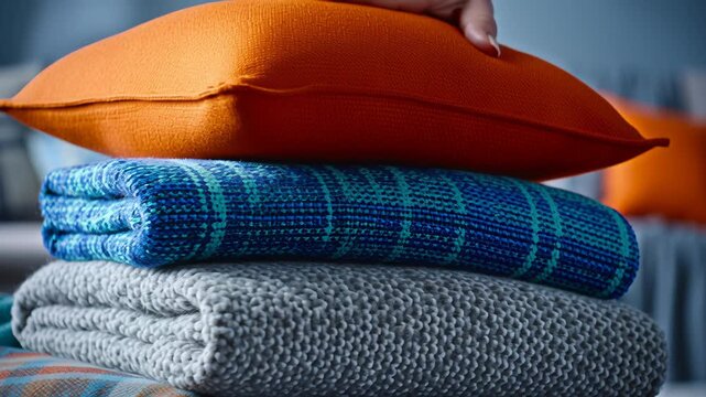 A pile of blankets and pillows on a couch. The blankets are blue, gray, and orange. Winter home lifestyle seasonal comfort, bright color accents, layered fabrics, calm and cozy daily living mood