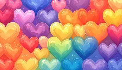 Vibrant rainbow hearts create a stunning colorful background