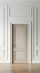 Obraz premium Minimalist architecture featuring a timeless white classic interior wall with elegant detailed molding surrounding a closed wooden door, minimalist, residential, surface