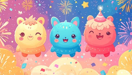 Three colorful cartoon bears celebrating a joyful party with fireworks
