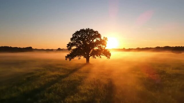 Lone Tree In Open Field At Sunrise With Golden Light Morning Mist And Peaceful Nature Landscape