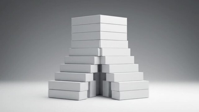 A 3D rendering of a stack of white blocks arranged in a pyramid shape on a plain surface from a slightly elevated viewpoint