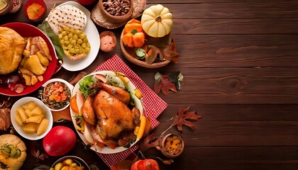 Fototapeta premium A bountiful, overhead view of a Thanksgiving feast, featuring a roasted bird, side dishes, and decorative gourds on a wooden table