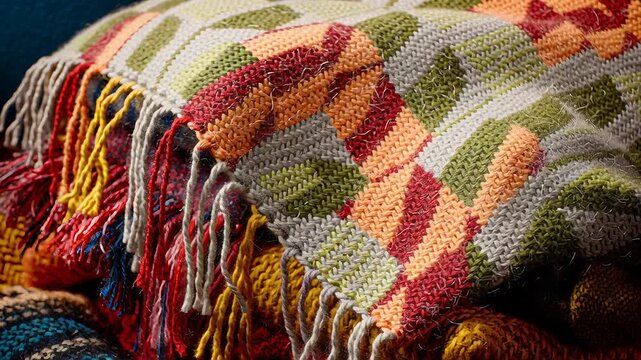 A pile of colorful blankets stacked on top of each other. Winter indoor lifestyle, colorful textiles, balanced saturation, cozy and lively mood, editorial interior photography