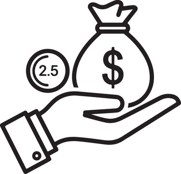 Islamic zakat calculation icon showing money bag with dollar symbol and two point five percent rate indicator on open hand for charity