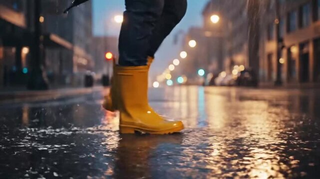 Person Wearing Yellow Rain Boots Walking On Wet City Street At Night With Reflections And Urban Mood