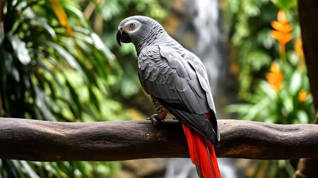 Colorful Parrot Perched On Tree Branch In Lush Tropical Forest With Natural Green Background