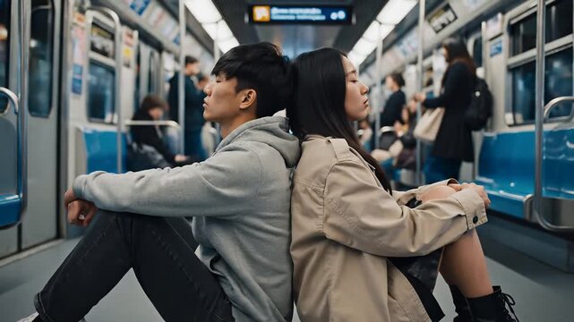 Quiet and emotional shot of a young Asian couple sitting back-to-back on the floor of a moving subway train, representing urban loneliness, disconnection, or a moment of shared silence in a busy city.