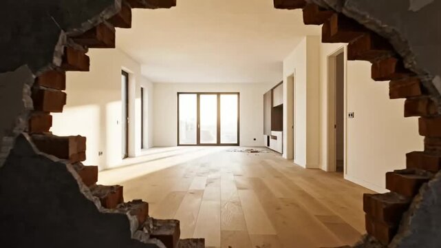 Modern Home Interior Seen Through Broken Wall Opening Showing Renovation Progress And Minimal Design