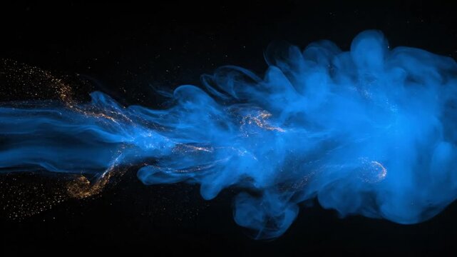 A blue smoke cloud drifts across a dark background, captured from a close-up viewpoint, showcasing the dynamic movement of the smoke, with vibrant colors and abstract shapes.