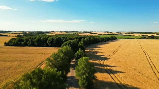 Aerial View Of Country Road Cutting Through Golden Farmland And Green Trees Under Clear Summer Sky
