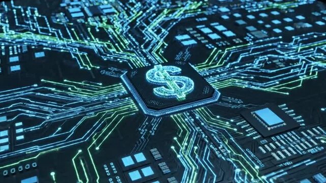 Digital Currency Microchip With Dollar Symbol Representing Financial Technology And Secure Data Processing