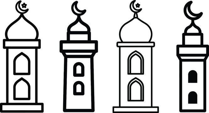 Four stylized islamic mosque minaret illustrations in black and white