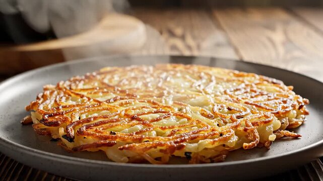 Golden Potato R?sti - A Crispy Swiss Delight Freshly Served.