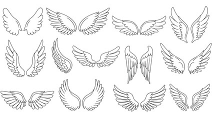 Fototapeta premium Collection of different angelic and bird wing pairs in various sizes and shapes shown in clean black line art sketches.