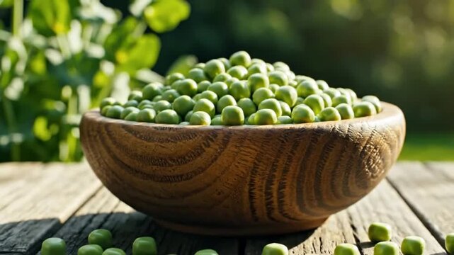 Fresh Green Peas In Wooden Bowl Displayed Outdoors With Natural Light And Healthy Organic Harvest