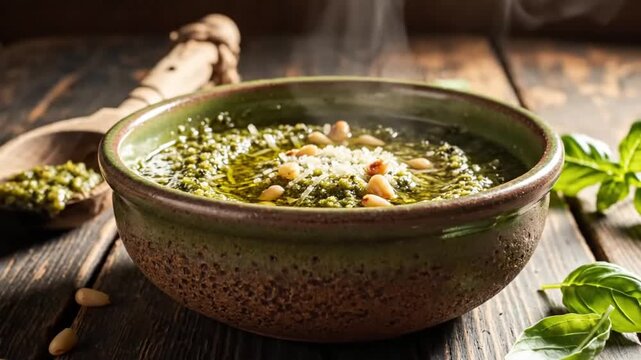 Homemade Green Soup Served In Rustic Bowl With Fresh Herbs And Creamy Texture On Wooden Table
