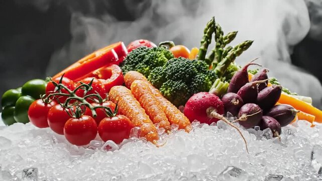 Fresh Organic Vegetables On Ice With Colorful Healthy Produce Displayed In Clean Studio Lighting