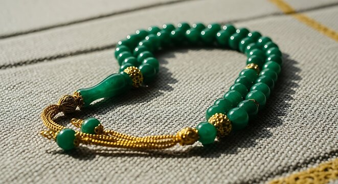 Ornate Green Jade Islamic Prayer Beads Tasbih with Decorative Golden Accents on Neutral Textile Background
