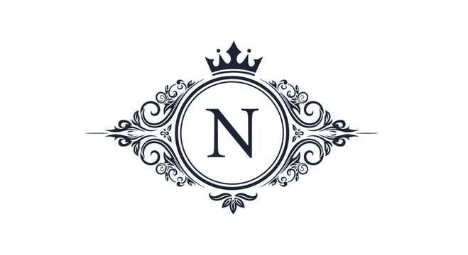 Elegant monogram logo with letter N enclosed in an ornate floral frame topped with a royal crown in navy blue.