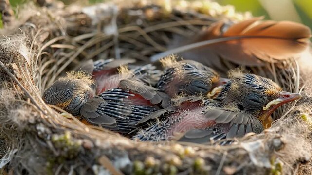 Close-up of a bird nest with tiny hatchlings and downy feathers nestled among twigs and branches.
