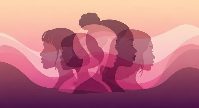 Overlapping silhouettes of diverse women profiles. Multiethnic inclusion and female unity concept. Artistic faces representing intersectional feminism and sisterhood