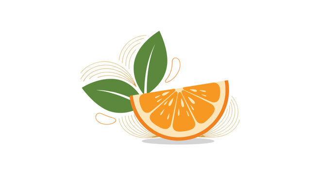 Fresh orange fruit slice with two green leaves on top evokes vitamin C, healthy nutrition, and refreshing citrus flavors for juice products.