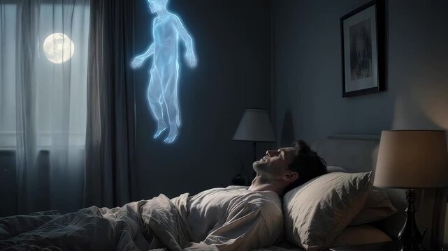 Quiet Night Reveals Spectral Form. Ethereal Blue Silhouette Appears Amidst Tranquil Sleeping Environment. Luminous Ghostly Figure Floats Silently In Calm And Peaceful Nighttime Setting