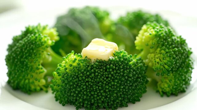 Freshly steamed broccoli florets are served on a white plate. A pat of butter melts, adding richness to the healthy green vegetable.