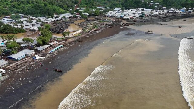 Capturing the complex environmental geography of the Limbe coastline, this drone footage reveals the meeting point of tropical rivers and the Atlantic