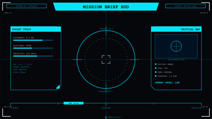 Futuristic mission brief interface with target tracking and tactical map display © -A/T-
