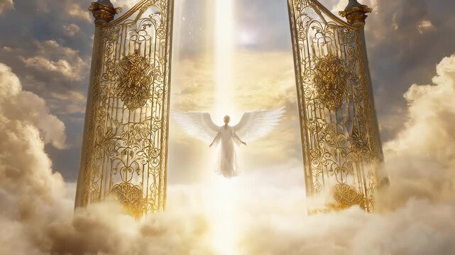 Luminous Angel Ascends Through Portals. Heavenly Figure Elevates Beyond Shining Gateways. Peaceful Angelic Presence Gracefully Ascends Beyond Radiant Gates Into Luminous Celestial Realm