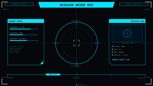 Futuristic mission brief interface with target tracking and tactical map display