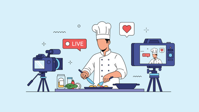 Professional chef filming a live cooking demonstration for social media while preparing a gourmet meal in a modern kitchen studio.