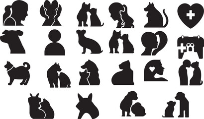 Obraz premium Black silhouettes of cats, dogs, and people icons or illustrations for pet or animal or veterinary related design, website, or marketing material isolated on White Background