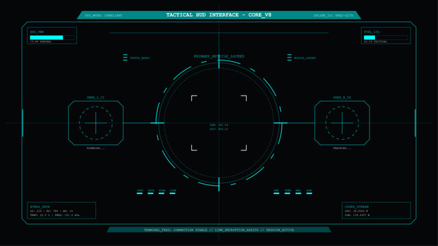 Futuristic tactical head up display interface with targeting reticle and digital data readouts