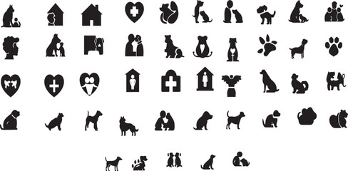 Obraz premium Black dog and cat icons set, pet silhouettes for web design or graphic resources, isolated, png isolated on White Background