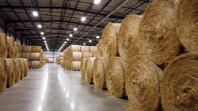 Large warehouse stores many round hay bales. Neatly stacked rows fill the spacious industrial building.