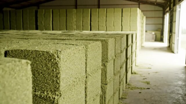 Rows of green hay bales are neatly stacked in a large warehouse. This agricultural storage facility holds a substantial supply of feed.