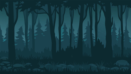 A dark and moody forest scene with silhouetted trees and ground cover © MAYENUDDIN