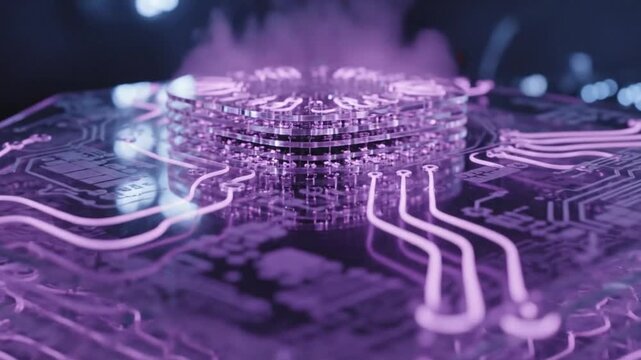 Futuristic CPU Microprocessor with Neon Circuitry on Motherboard, Close-up View of Advanced Computing Technology