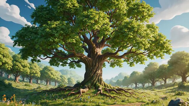 A small green sprout with two nascent leaves pushes through dark soil, glowing with an otherworldly green light, surrounded by a vibrant meadow and ancient trees.