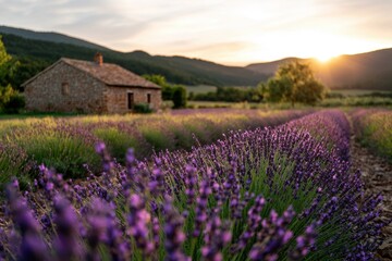 Peaceful lavender field with blooming purple flowers stretching toward rustic stone house at sunset in rural landscape with hills and trees