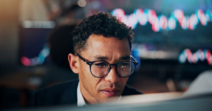 Man, computer and trading at office with review, charts and glasses for insight with stock market stats. Person, broker or advisor with pc, feedback and asset management with investment at agency