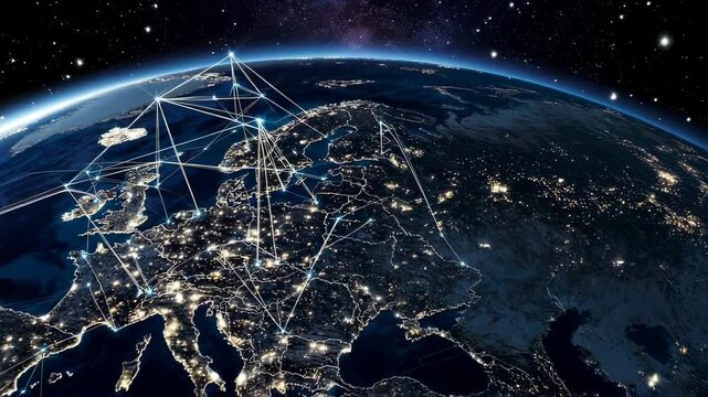 Illuminated Europe connected by lines of light against a starry cosmos