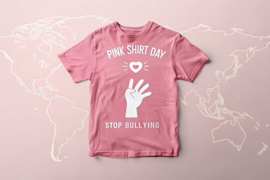 Pink shirt day awareness garment featuring a graphic design with a heart and raised hand symbolizing kindness and the important message to stop bullying throughout the world.